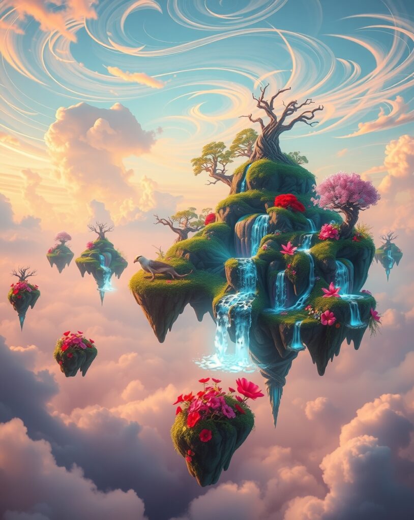 Floating Islands Above a Dreamlike Sea – free AI stock image