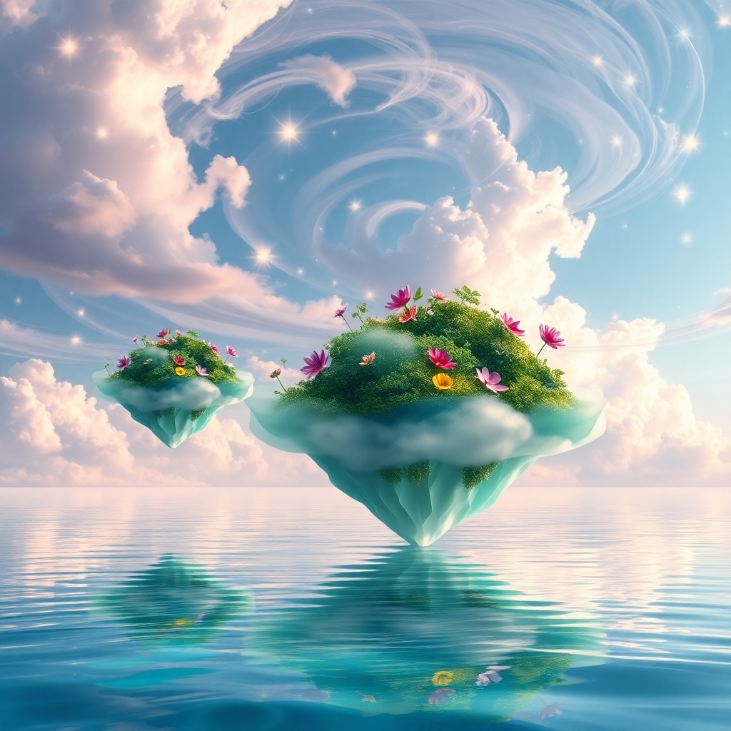 Floating Islands Above a Dreamlike Sea – free AI stock image