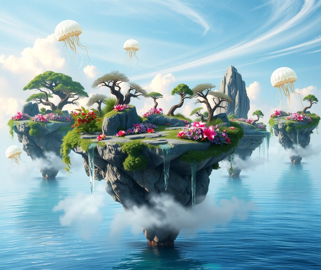 Floating Islands Above a Dreamlike Sea – free AI stock image