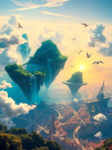 Floating Islands Above a Dreamy Cityscape – free AI stock image