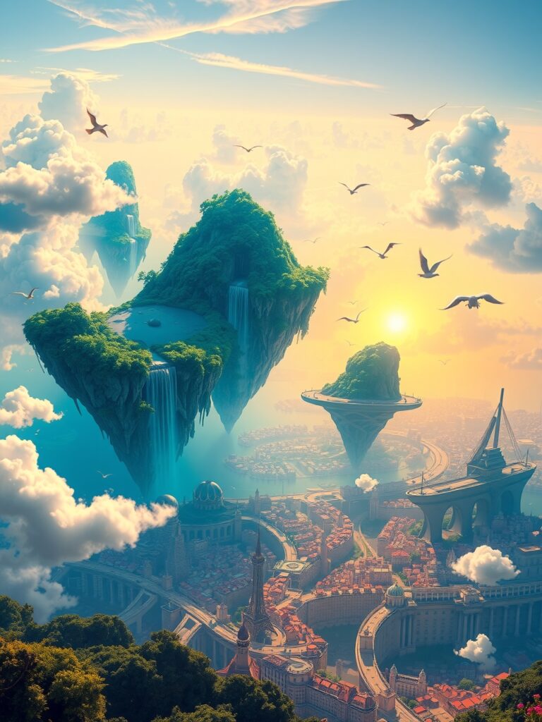 Floating Islands Above a Dreamy Cityscape – free AI stock image