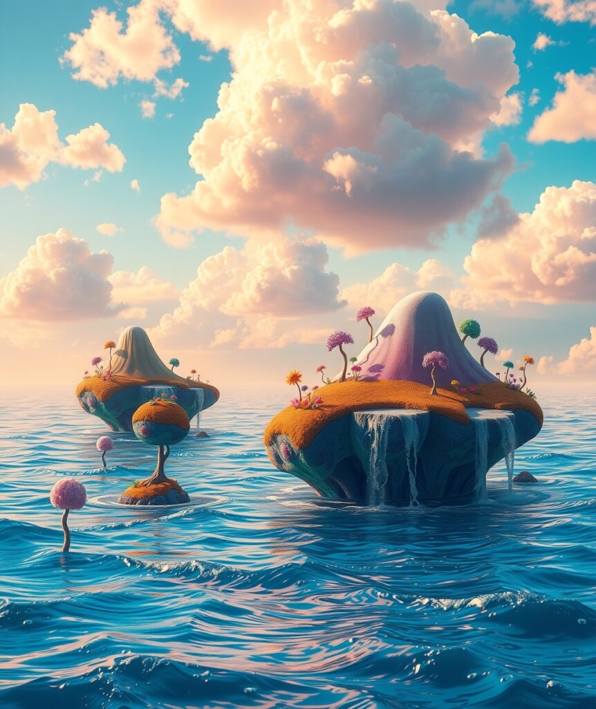 Floating Islands Above a Dreamy Ocean – free AI stock image