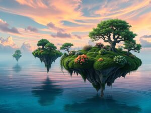 Floating Islands Above a Dreamy Ocean – free AI stock image