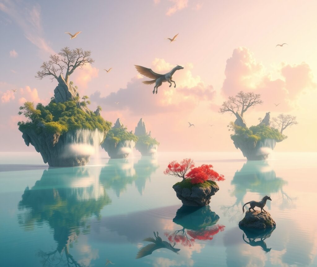Floating Islands Above a Dreamy Sea – free AI stock image
