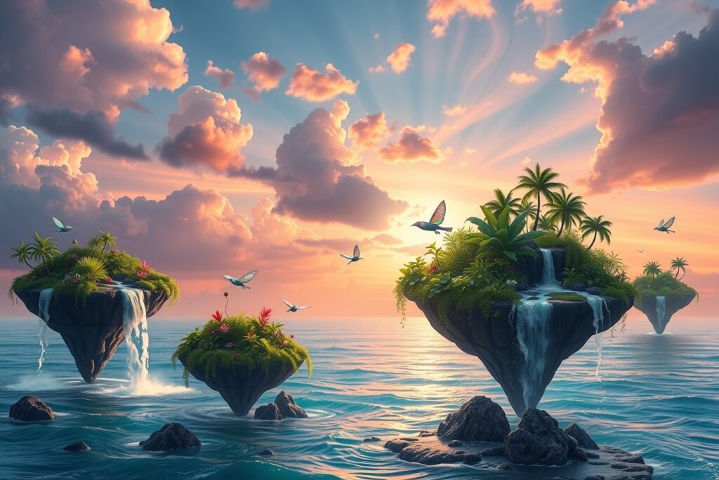 Floating Islands Above a Dreamy Sea – free AI stock image