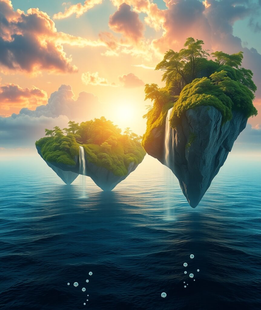 Floating Islands Above a Dreamy Sea – free AI stock image