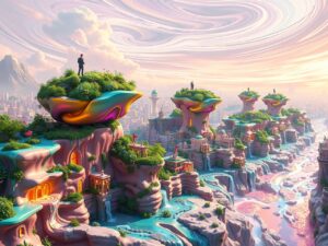 Floating Islands Above a Melting Cityscape – free AI stock image
