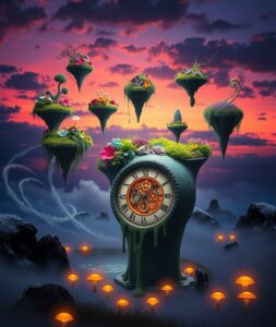 Floating Islands Above a Melting Clock – free AI stock image