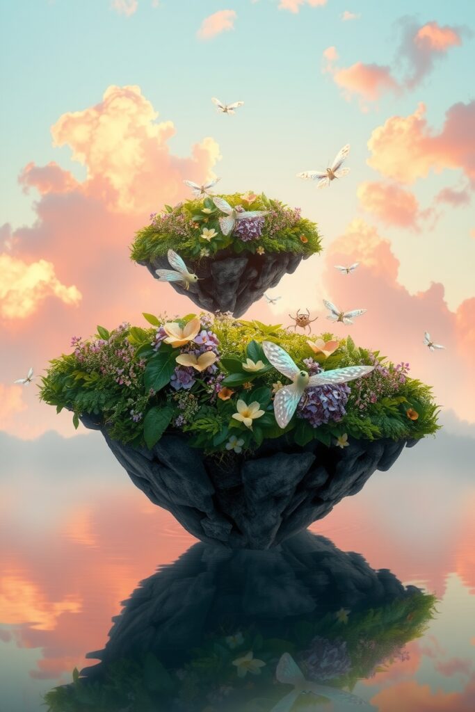 Floating Islands Above a Mirror Lake – free AI stock image