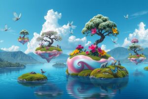 Floating Islands Above Dreamy Landscapes – free AI stock image