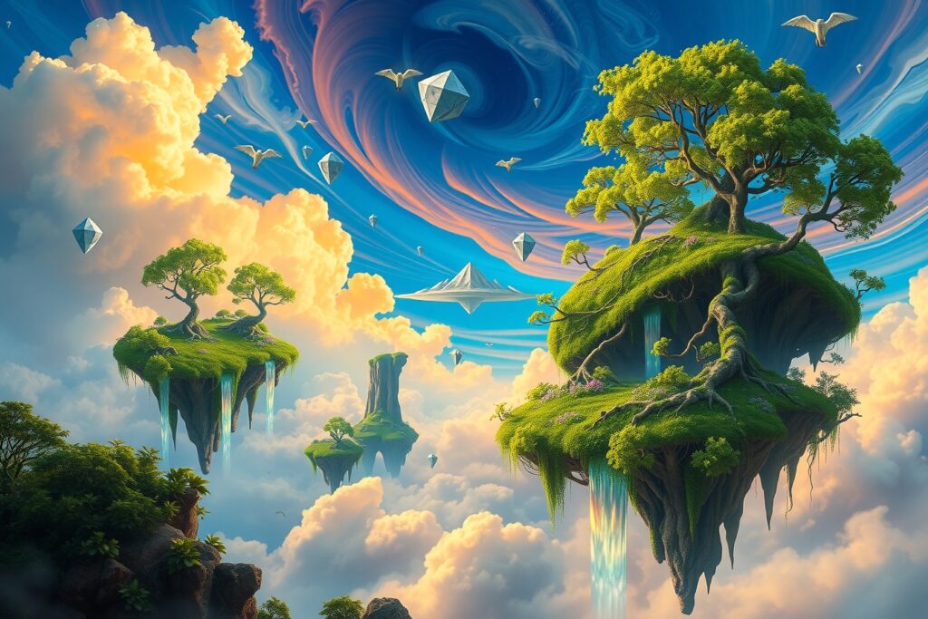 Floating Islands Amidst a Dreamlike Sky – free AI stock image