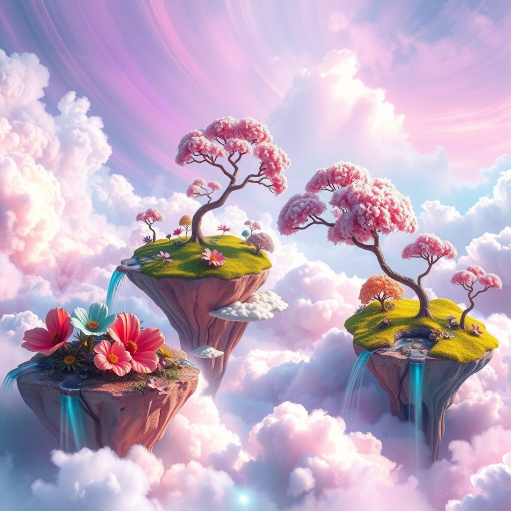 Floating Islands Amidst Dreamlike Clouds – free AI stock image