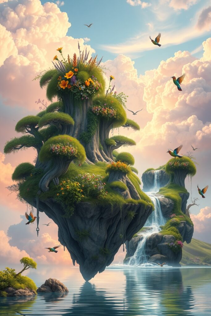Floating Islands Among Whimsical Clouds – free AI stock image