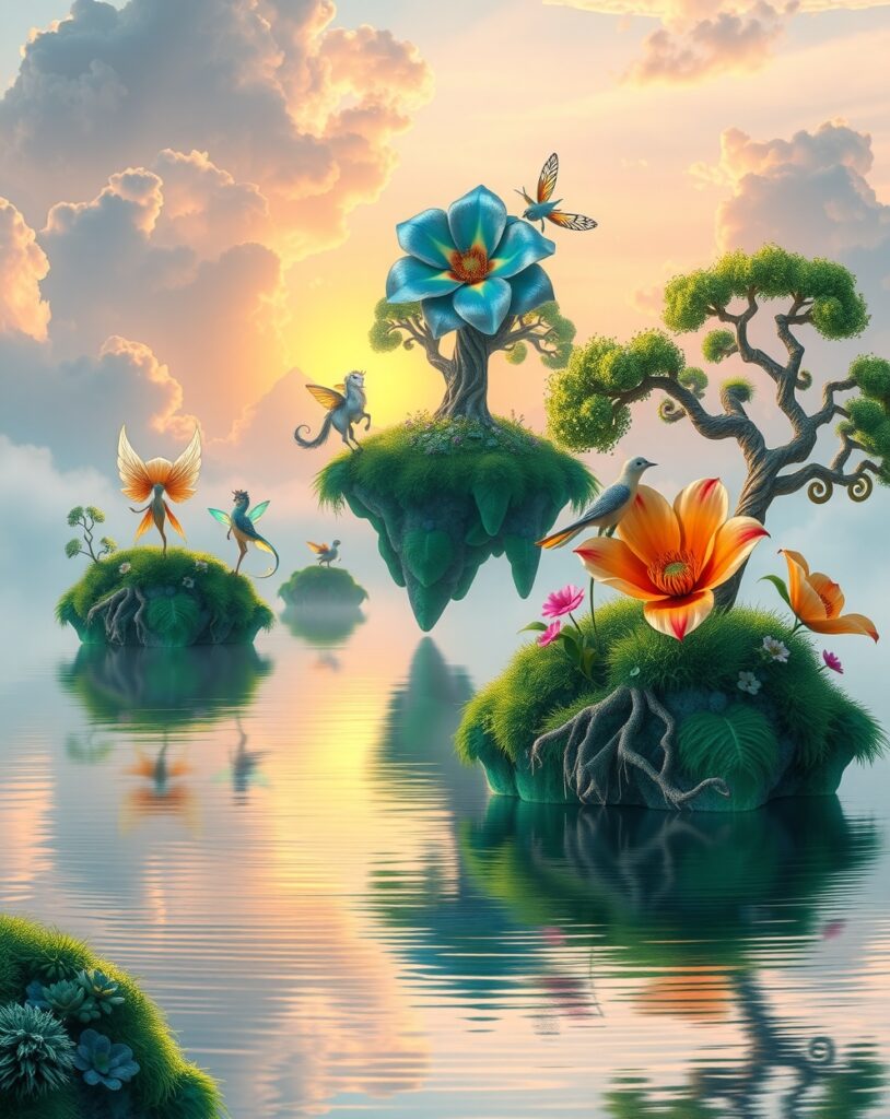 Floating Islands Amongst Dreamy Clouds – free AI stock image