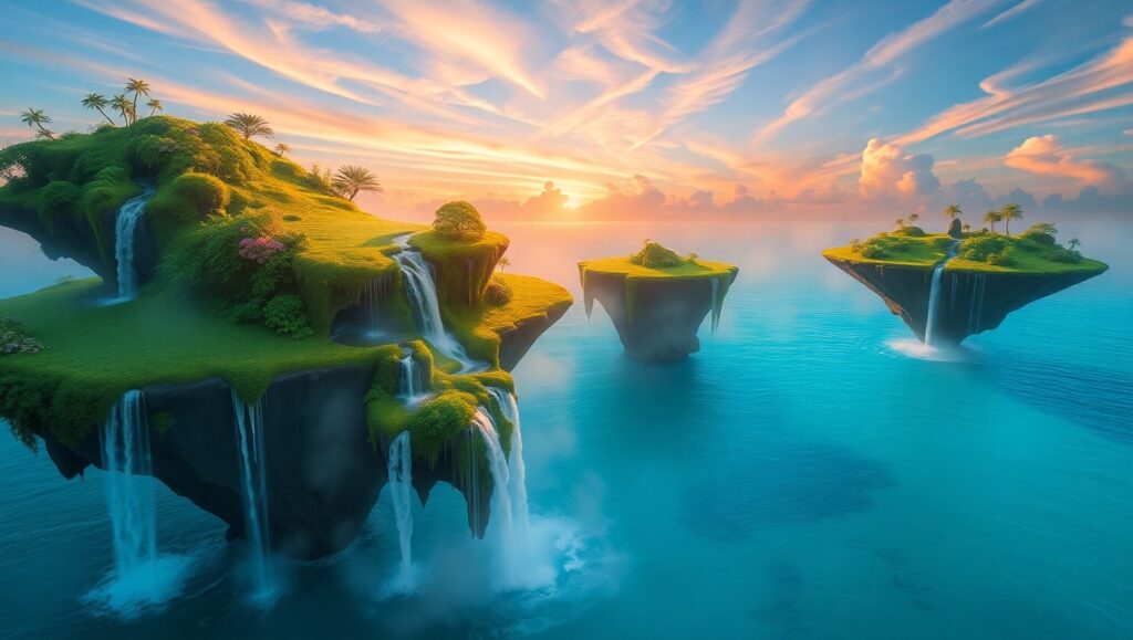 Floating Islands at Sunset – free AI stock image