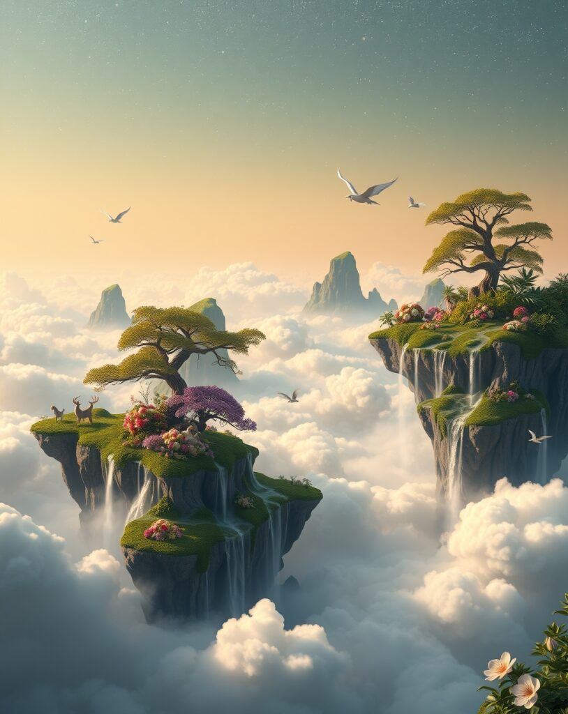 Floating Islands in a Dreamy Sky – free AI stock image