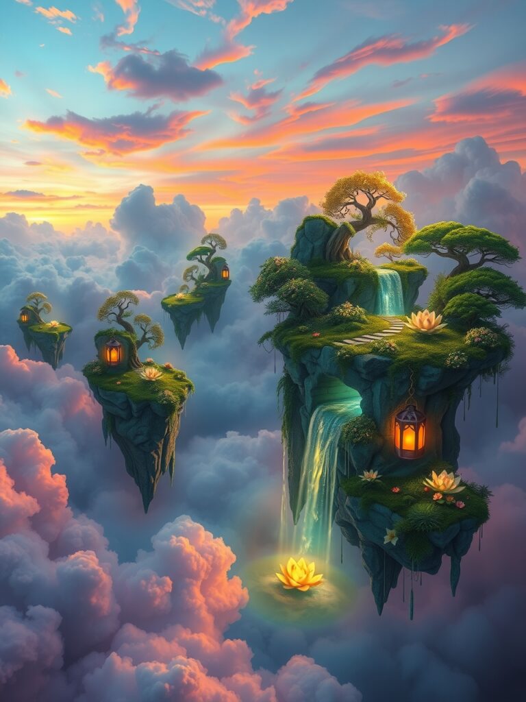 Floating Islands in a Dreamy Sky – free AI stock image