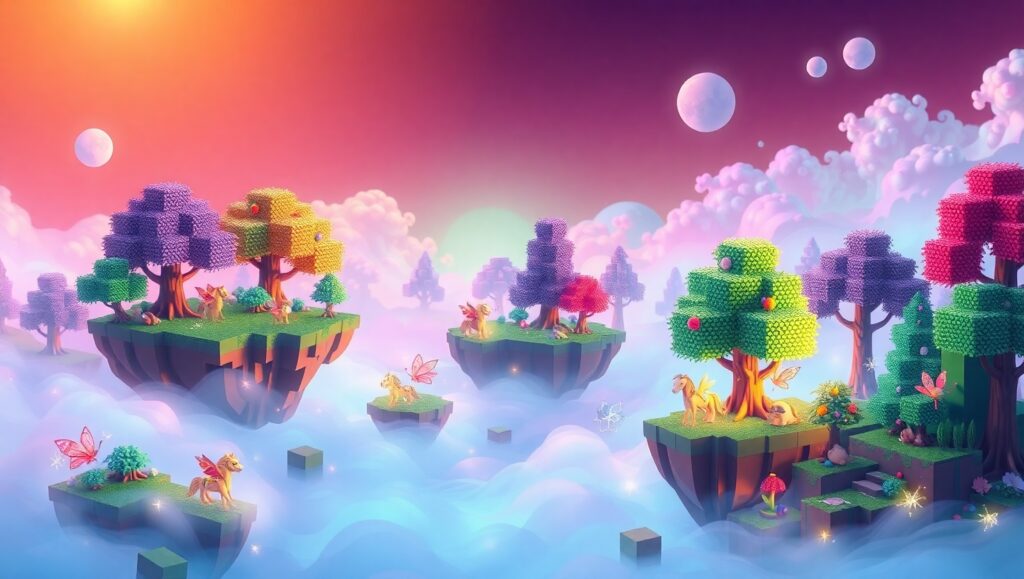 Floating Islands in Voxel Forest – free AI stock image