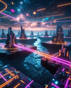 Floating Islands of Circuitry and Light – free AI stock image