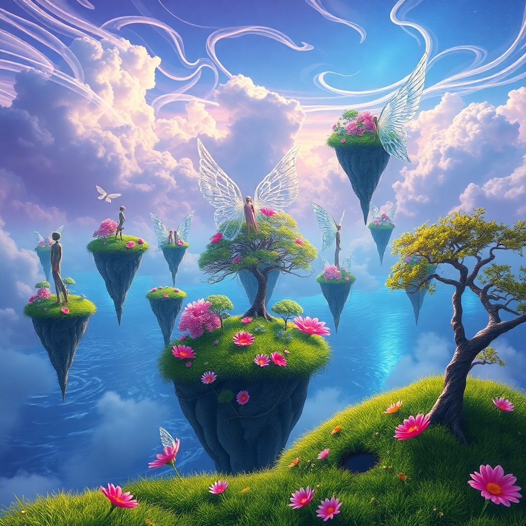 Floating Islands of Dreamlike Creatures – free AI stock image