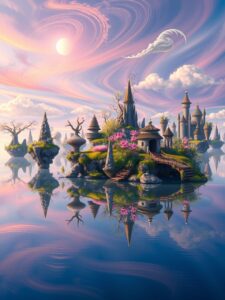Floating Islands of Dreamlike Reflections – free AI stock image