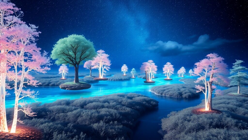 Floating Islands Over Glowing River – free AI stock image