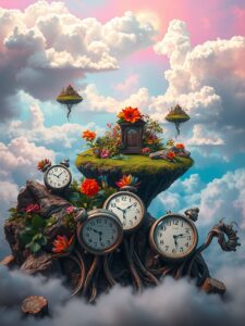 Floating Islands with Melting Clocks – free AI stock image