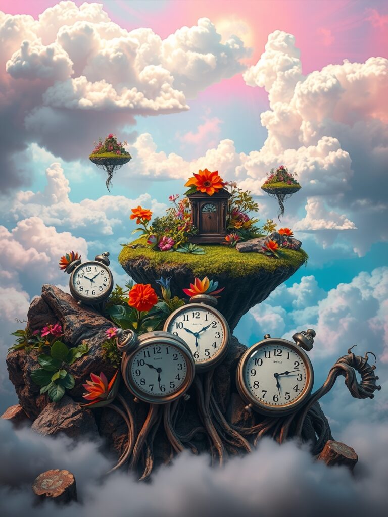 Floating Islands with Melting Clocks – free AI stock image