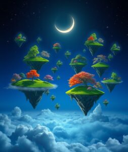 Floating Islands with Tree Under a Moon – free AI stock image