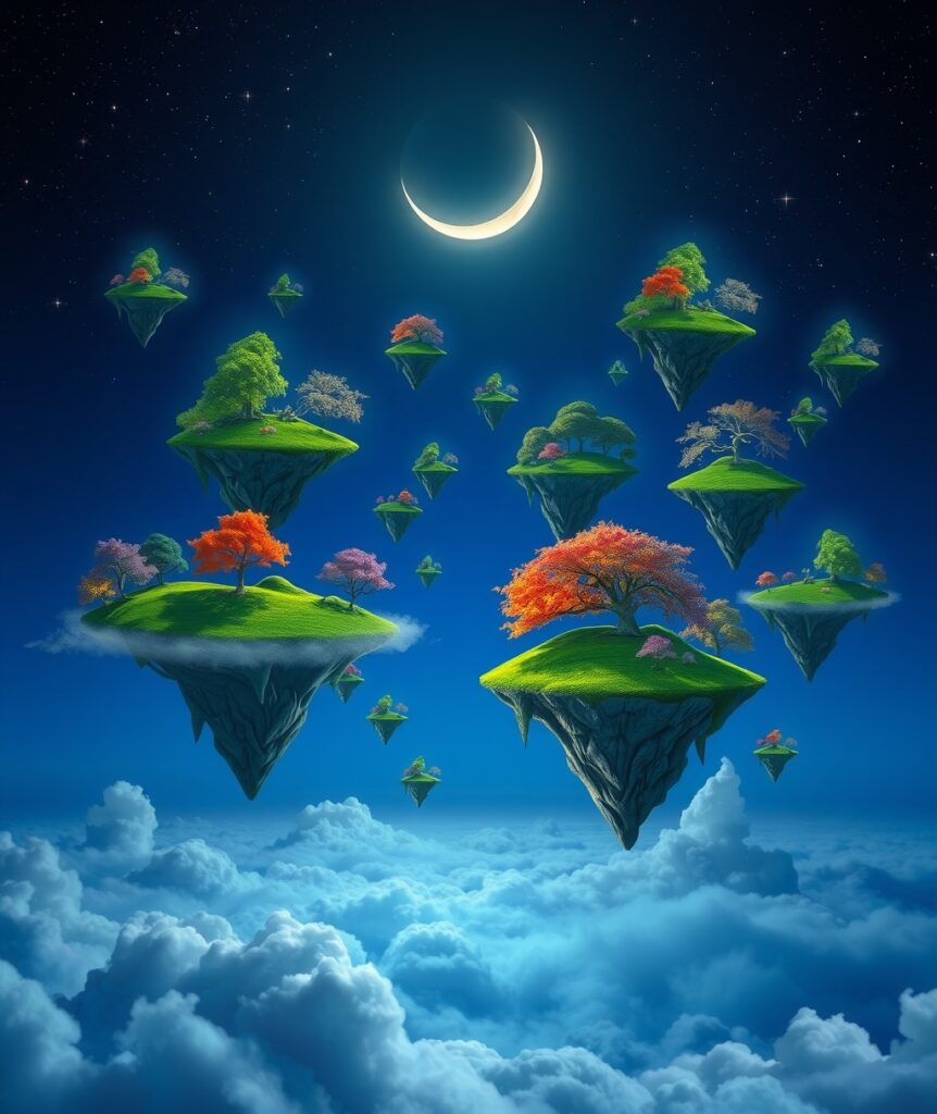 Floating Islands with Tree Under a Moon – free AI stock image