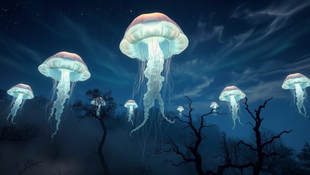 Floating Jellyfish in a Dreamy Forest – free AI stock image