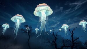 Floating Jellyfish in a Dreamy Forest – free AI stock image
