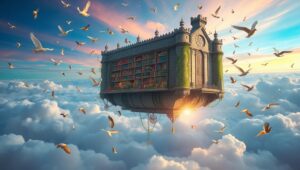 Floating Library in the Clouds – free AI stock image