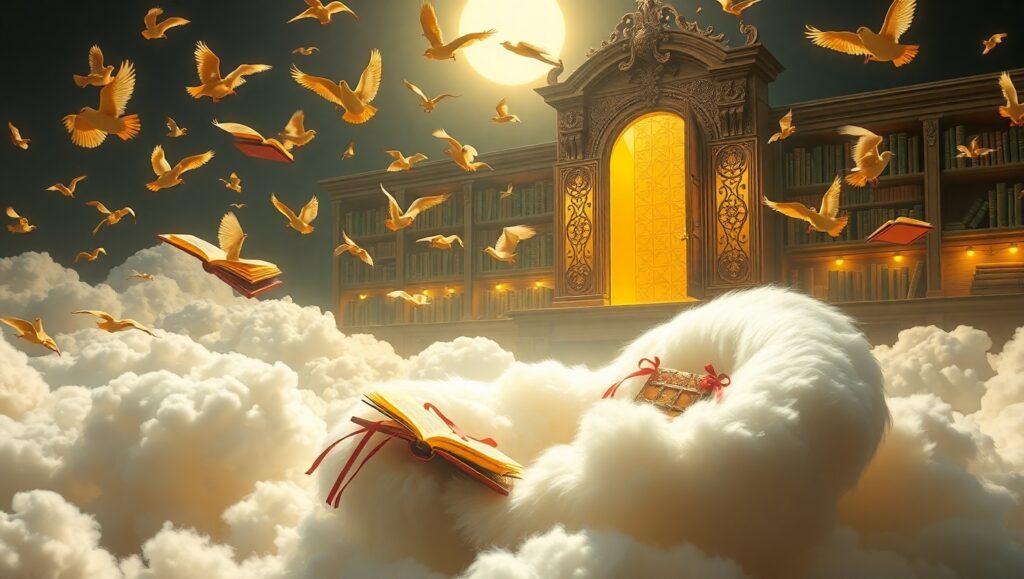 Floating Library in the Clouds – free AI stock image