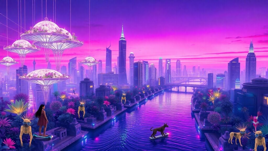 Floating Oasis in a Neon City – free AI stock image