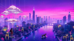Floating Oasis in a Neon City – free AI stock image