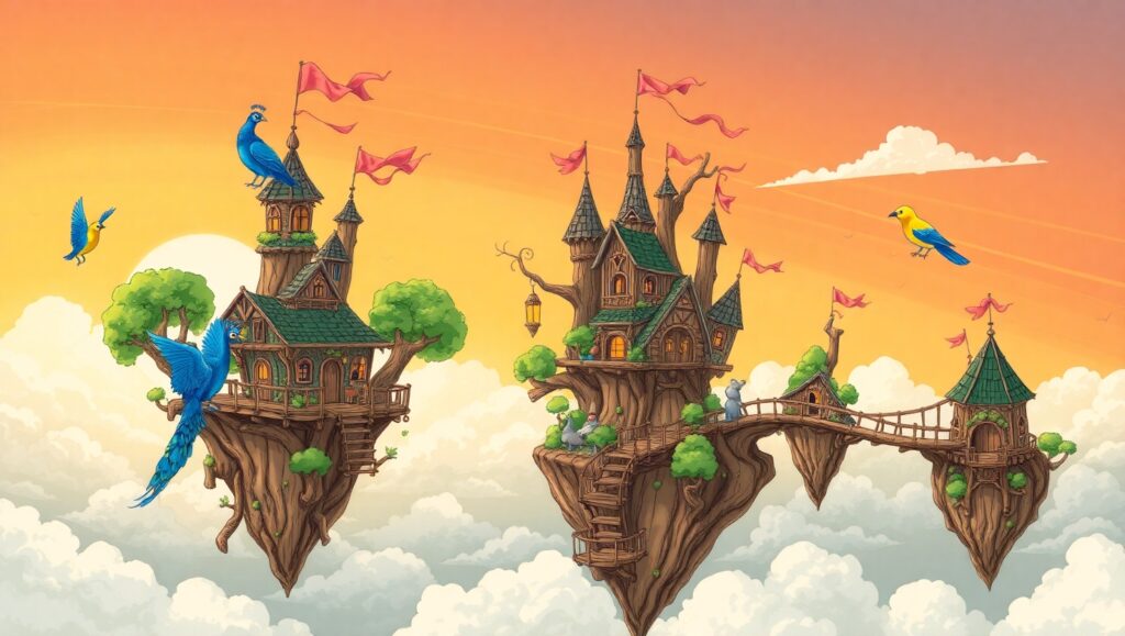 Floating Treehouse Village Adventure – free AI stock image