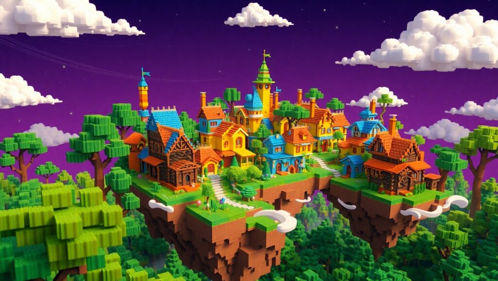 Floating Voxel Village Adventure – free AI stock image