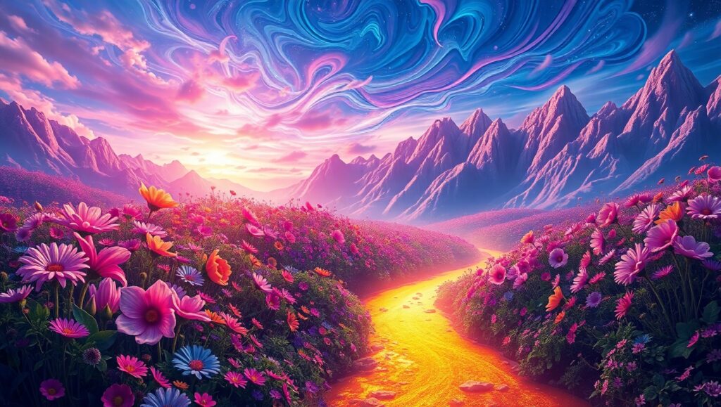Floral Mountains and Cosmic Rivers – free AI stock image