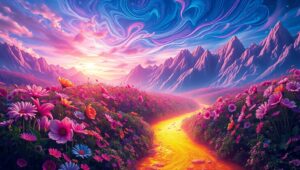 Floral Mountains and Cosmic Rivers – free AI stock image