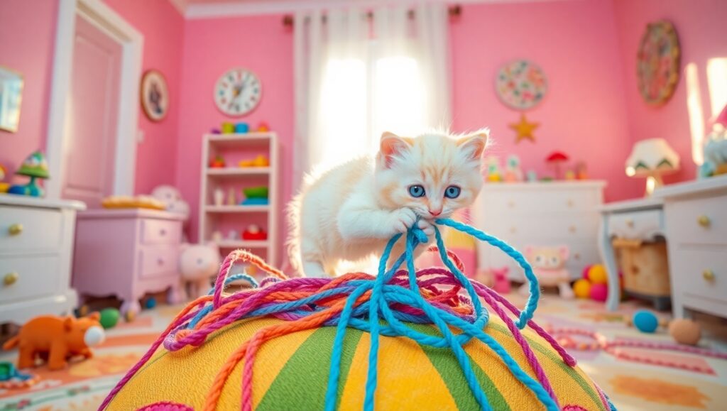 Fluffy Kitten’s Yarn Adventure – free AI stock image