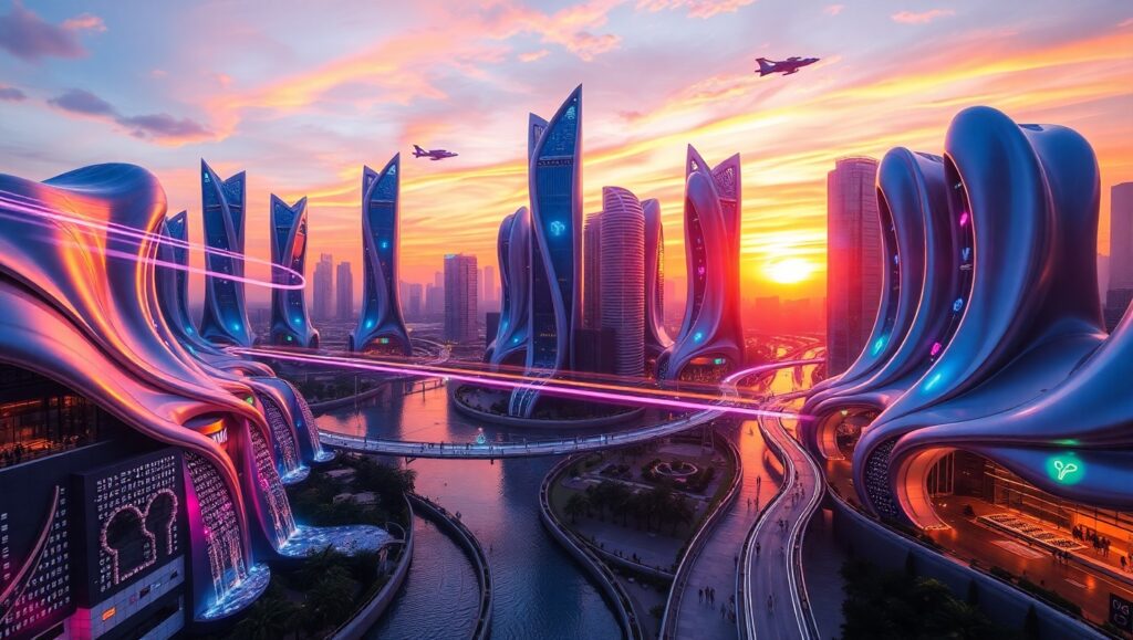 Fluid City Dreams at Sunset – free AI stock image