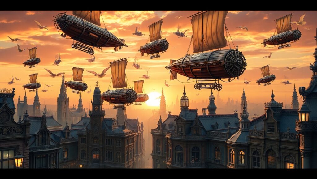 Flying Airships in a Steampunk City – free AI stock image