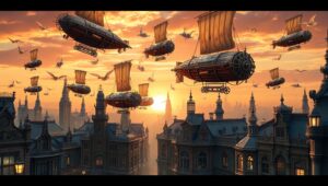 Flying Airships in a Steampunk City – free AI stock image