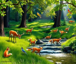 Forest Animals Gathering at a Stream – free AI stock image