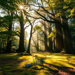 Forest Glade with Sunlight Streaming Through – free AI stock image