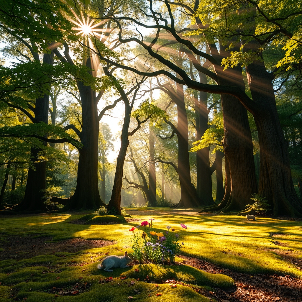 Forest Glade with Sunlight Streaming Through – free AI stock image