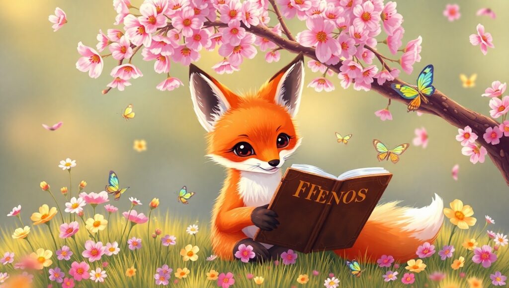 Fox Reading Under Cherry Blossoms – free AI stock image