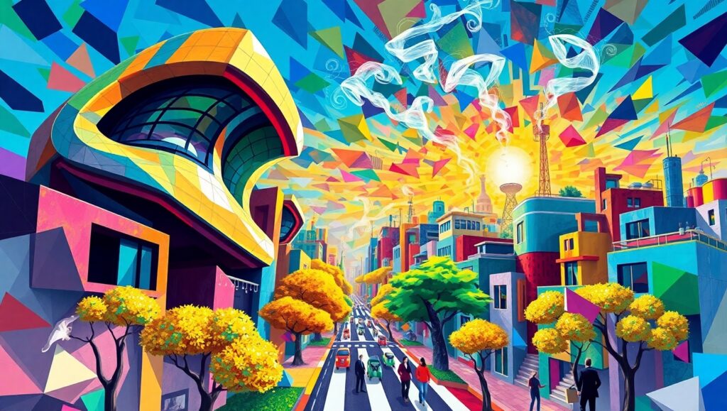 Fragmented City Life in Cubism – free AI stock image