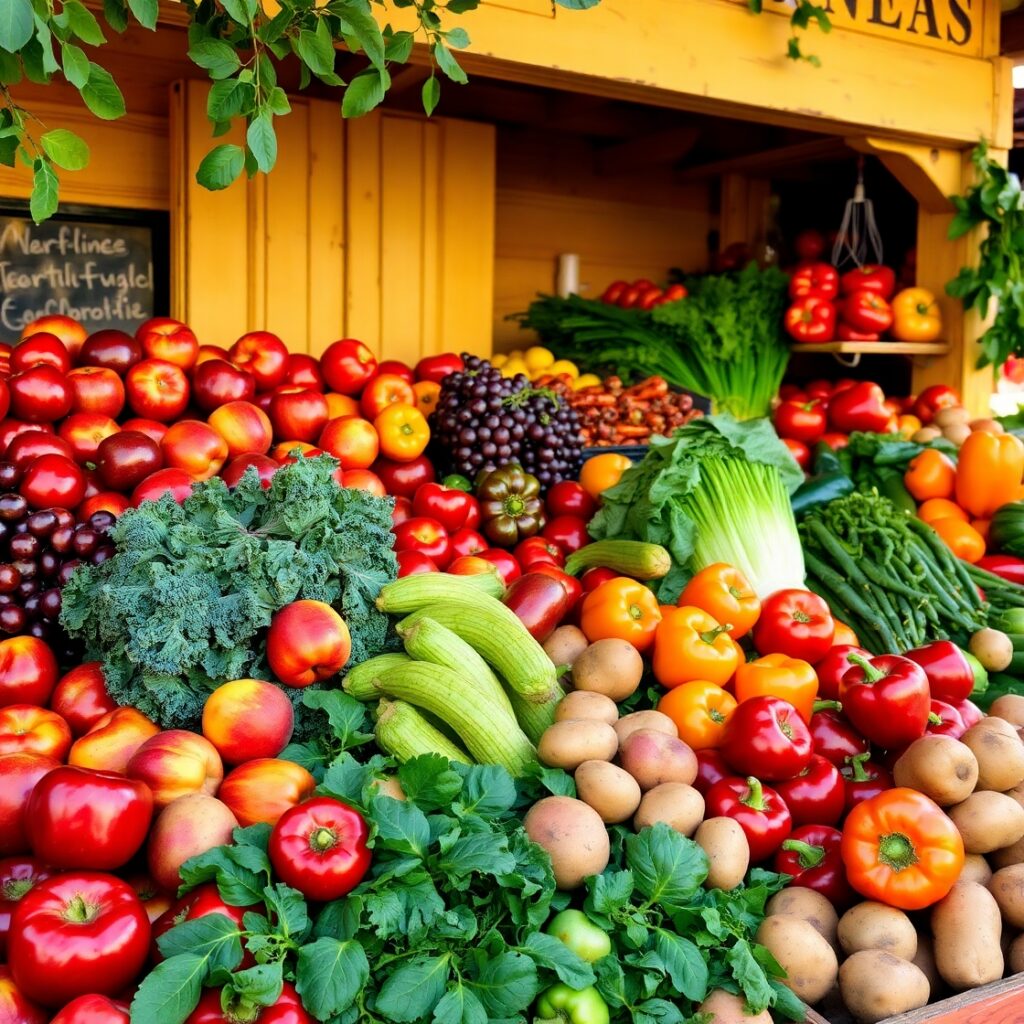 Fresh Fruits and Vegetables Display – free AI stock image